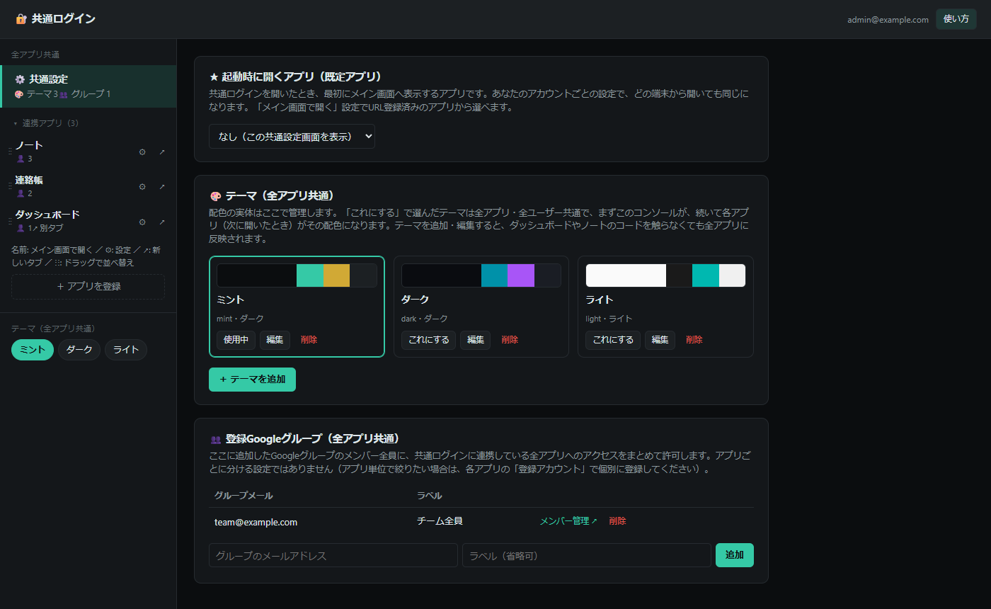 共通ログインの管理画面。連携アプリ名は公開名、アカウントはexample.comのみ